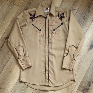 Vintage Miller Shirt Men 15-35 Pearl Snap-up Western Embroidery Brown Polyester